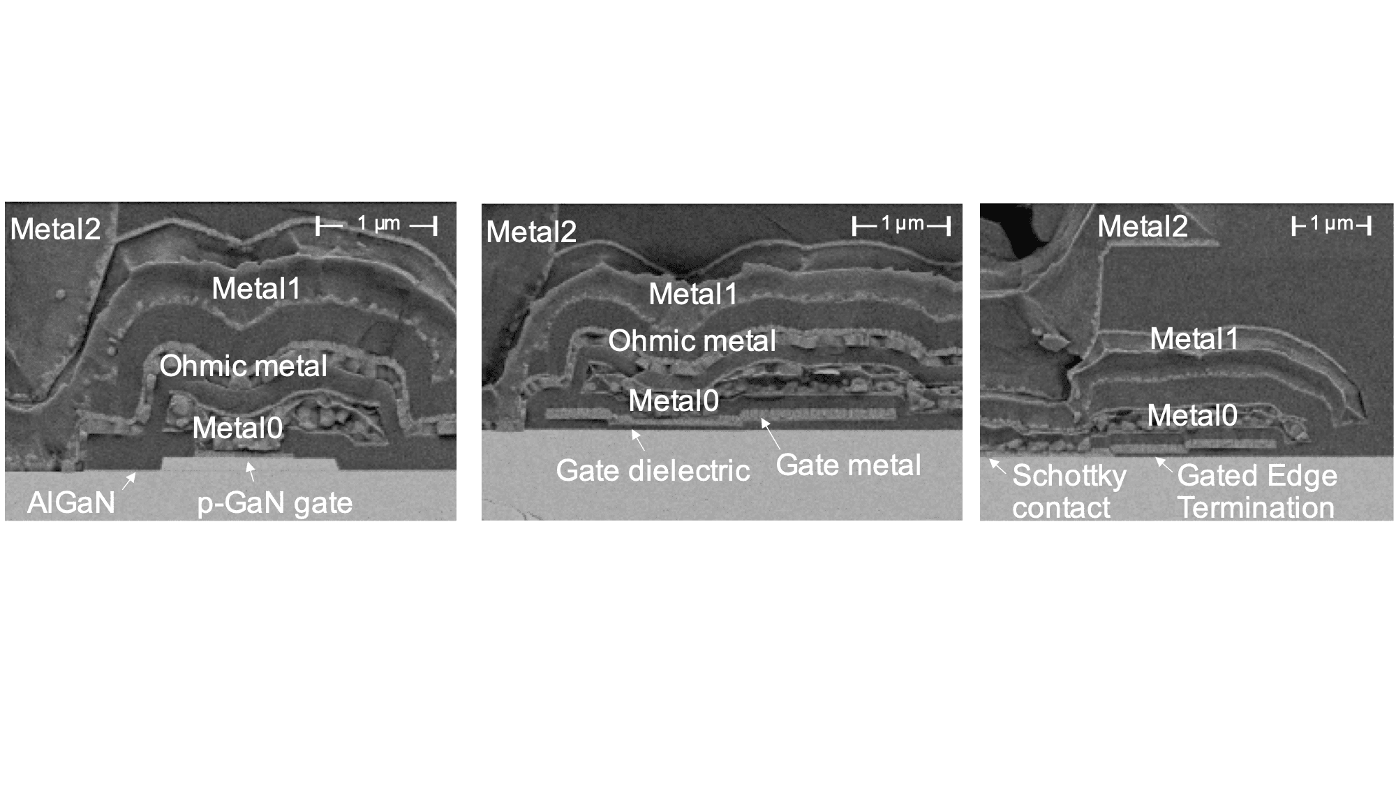 Cross-section micrographs of GaN-on-SOI power device structures Cross-section micrographs of three GaN-on-SOI power device structures, labeled with metal layers, gate dielectric, and Schottky contact