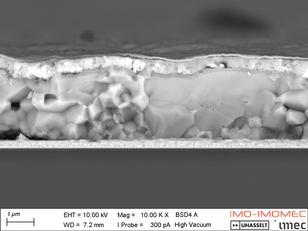 Cross-section SEM of perovskite-on-CIGS tandem solar cell stack Cross-section SEM of a monolithic perovskite-on-CIGS tandem solar cell stack