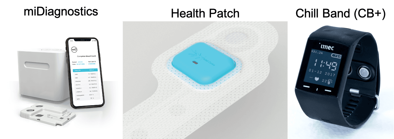 health monitoring technologies Gezondheidsmonitoringtechnologieën: een bloedtestapparaat met smartphone-app, een draagbare pleistersensor en een smartwatch.
