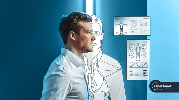 Man with digital twin human body diagram Man in a white shirt beside a digital human body diagram with health data panels