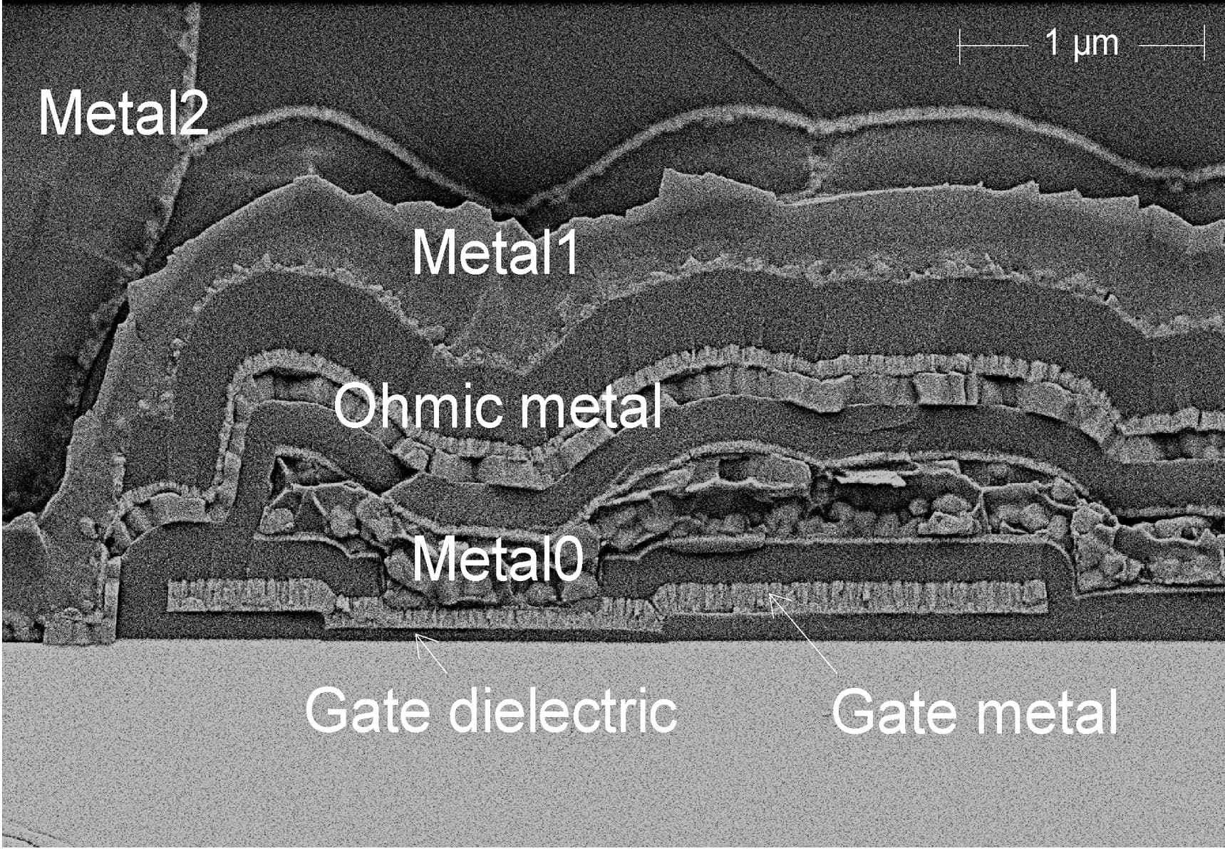 Cross-section SEM of d-mode MIS-HEMT semiconductor layers Cross-section SEM of a d-mode MIS-HEMT showing gate dielectric, gate metal and stacked metal layers.