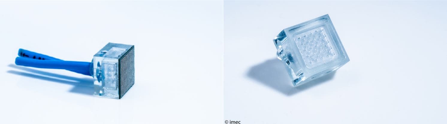 liquid-cooling block and nozzle array Transparent liquid-cooling block with blue tubes attached to a chip, shown beside a nozzle array spraying coolant onto its backside.