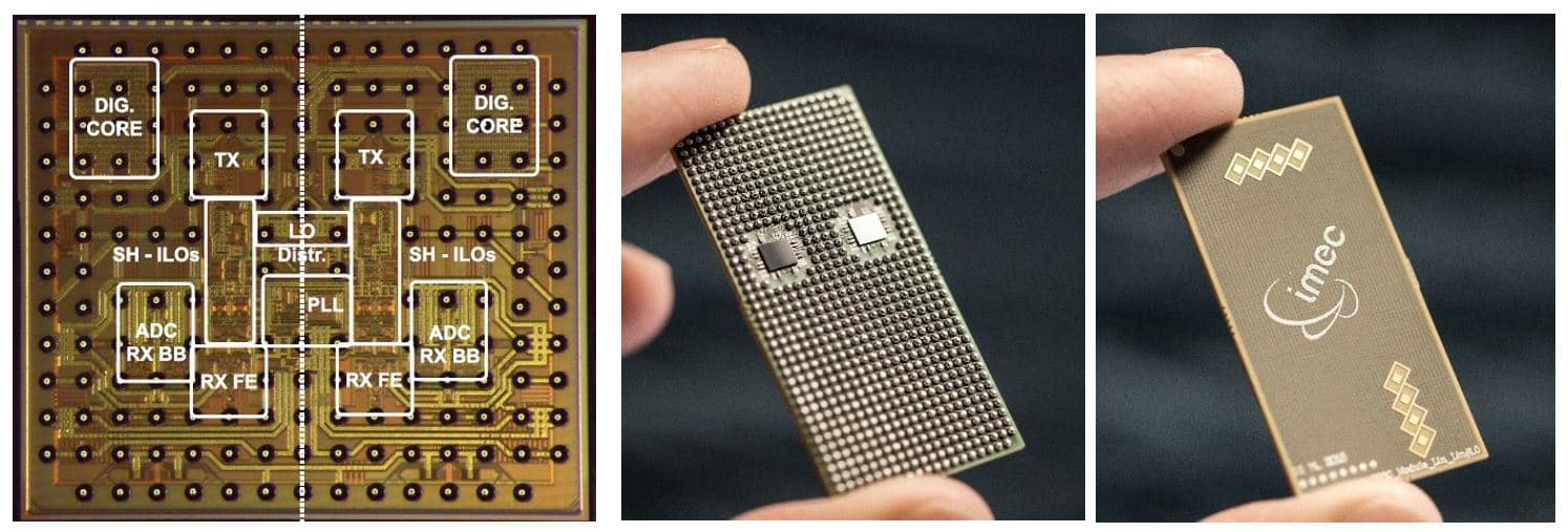 Fig3_samengesteld_0 Three views of a radar-on-chip module: annotated chip blocks, backside solder bumps, and the imec-branded front.