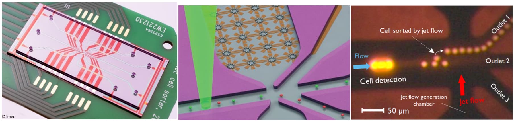 fig8_cell_sorter_0 Three-panel illustration of an imec cell sorter chip and lens-free microscopy cell flow through microchannels