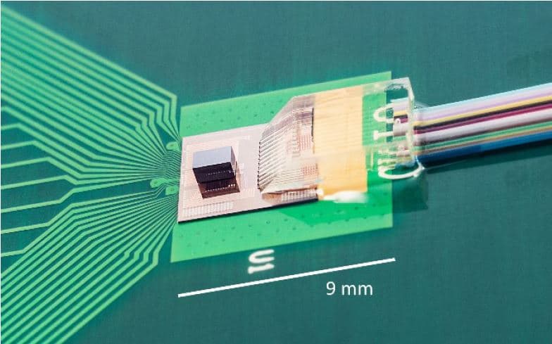 Silicon photonics interposer with chip and ribbon cable Silicon photonics interposer with chip and ribbon cable on a green circuit board