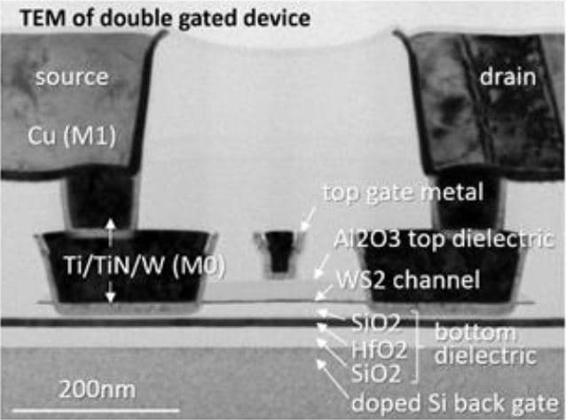 Figure_2_-_double-gated_WS2_FET_0 TEM view of a double-gated WS2 transistor structure with source, drain, and layered gate dielectrics labeled.