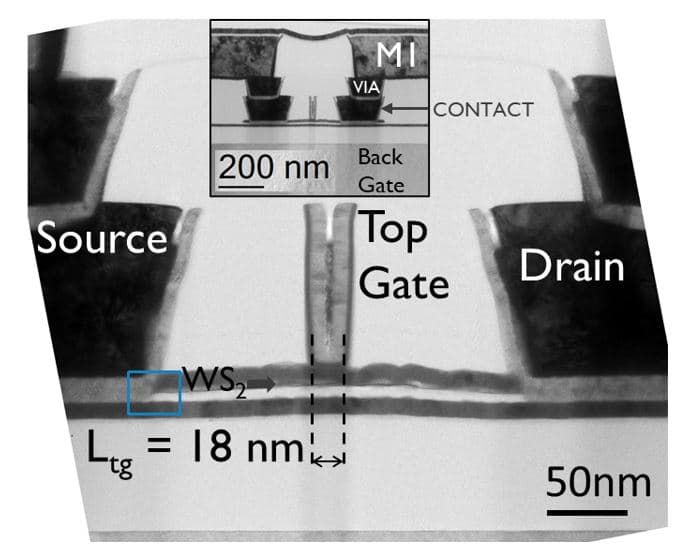 TEM image of 2D device with source, drain and top gate contacts TEM image of a 2D device fabricated with 300mm processes, showing source, drain and top gate contacts.