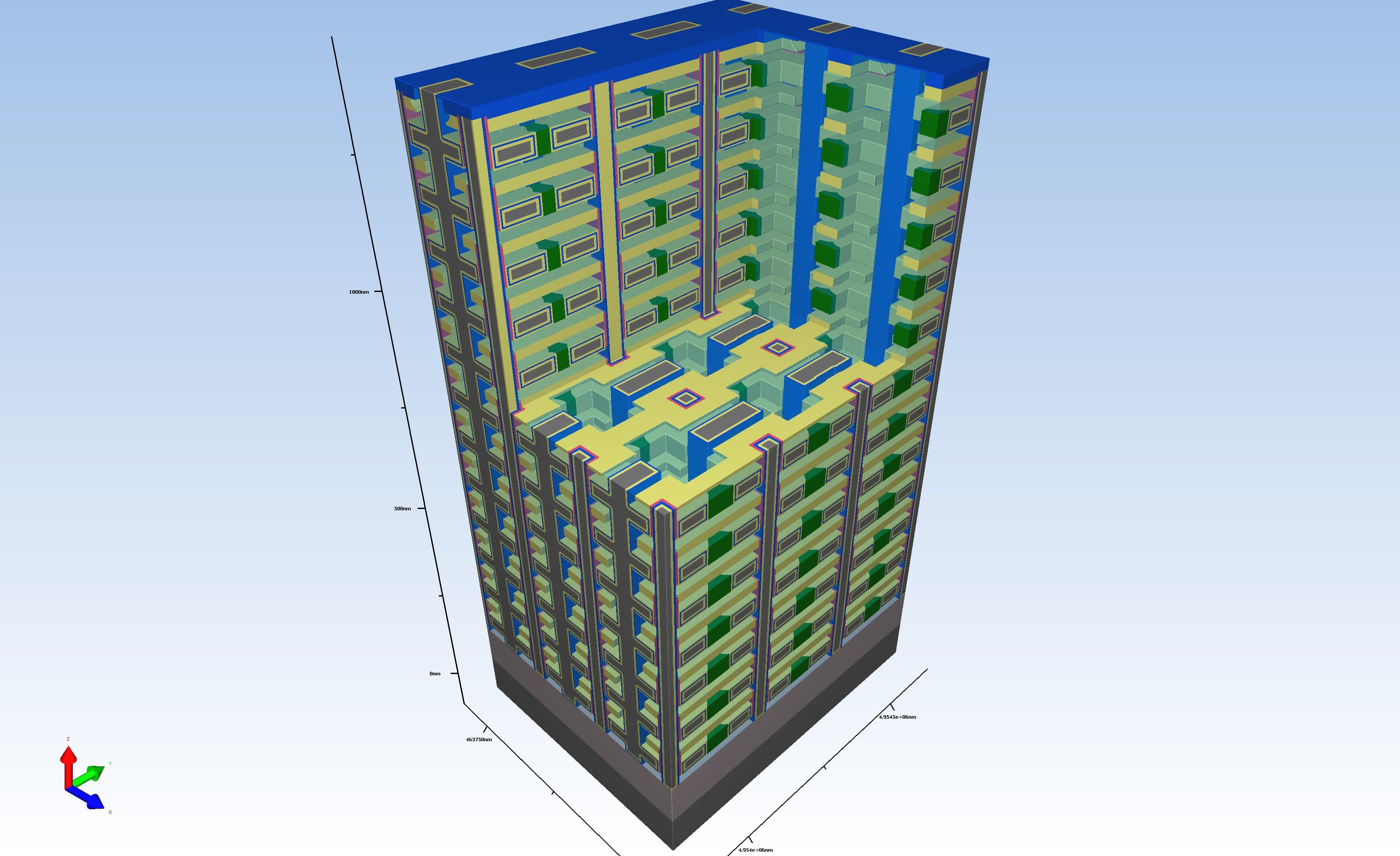 3D rendering of stacked 3D-DRAM memory structure 3D rendering of a stacked memory structure for potential 3D-DRAM integration
