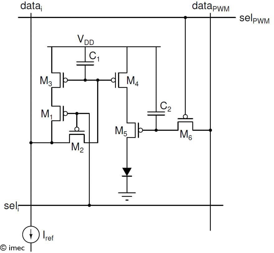 Schematic of 6T2C pixel circuit for microLED display Schematic of a 6T2C pixel circuit for driving a microLED display, with transistors, capacitors, and signal lines labeled.