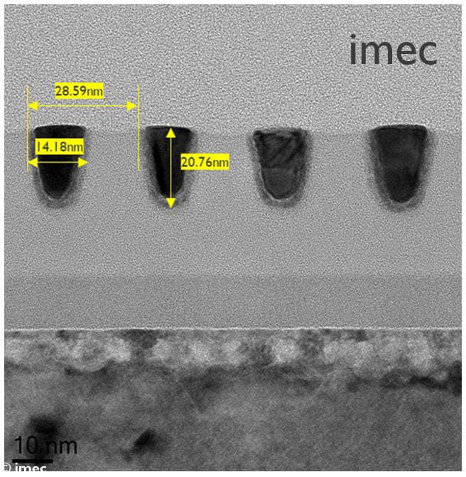 Microscope image of 28 nm pitch patterning with Ru metallization Microscope image of 28 nm pitch patterned features with yellow measurement markers on a semiconductor cross-section