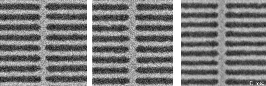 Figure%201%20-%20Line%20structures%20relevant%20for%20damascene%20metallization Microscope image of dense line structures with three different pitch and spacing patterns.