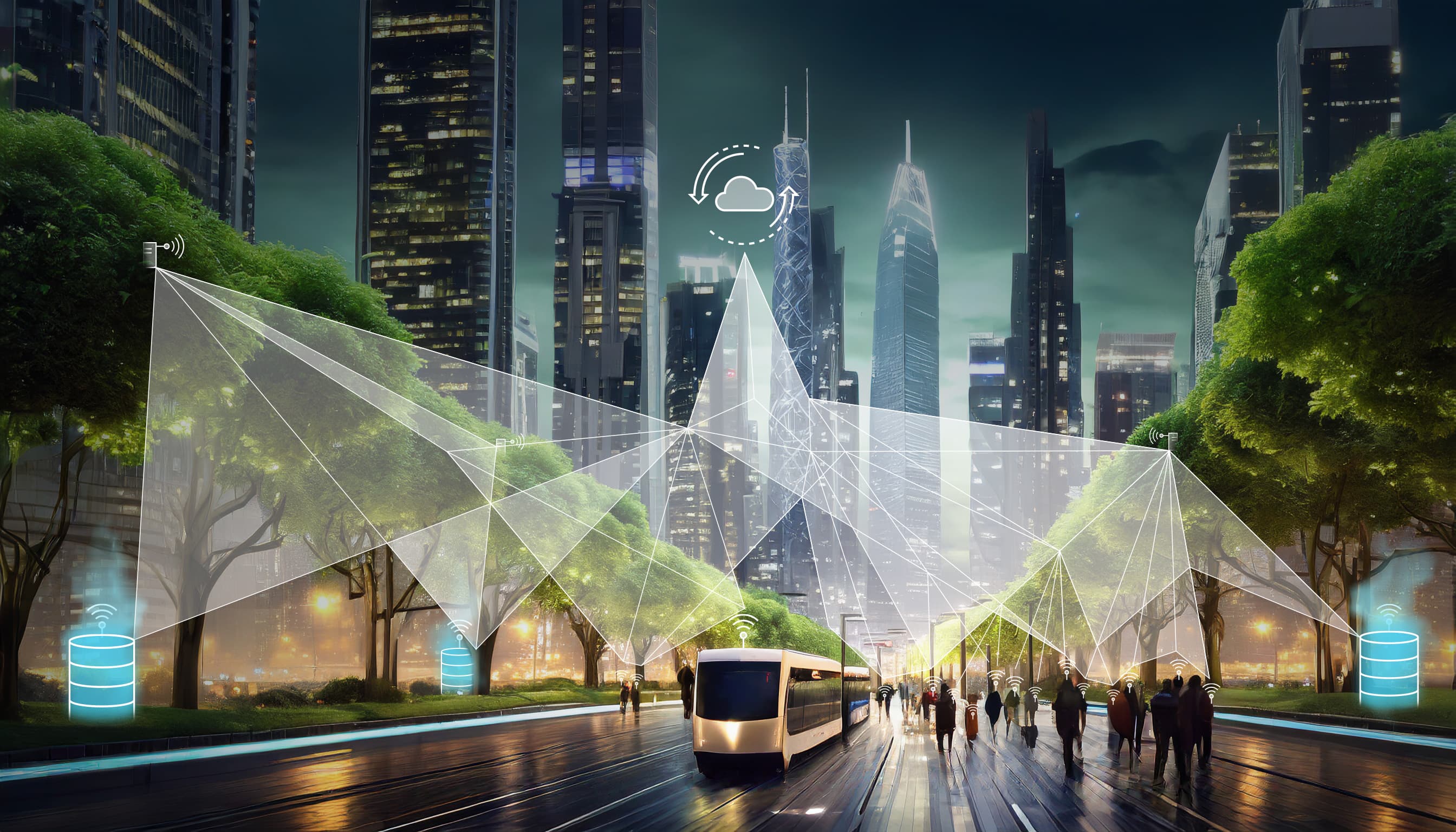 Figure%201%20-%20Transformative%20server%20application%20in%20smart%20city%20context Futuristic smart city with connected buildings, trees, and a bus under a network of data lines and cloud icons.
