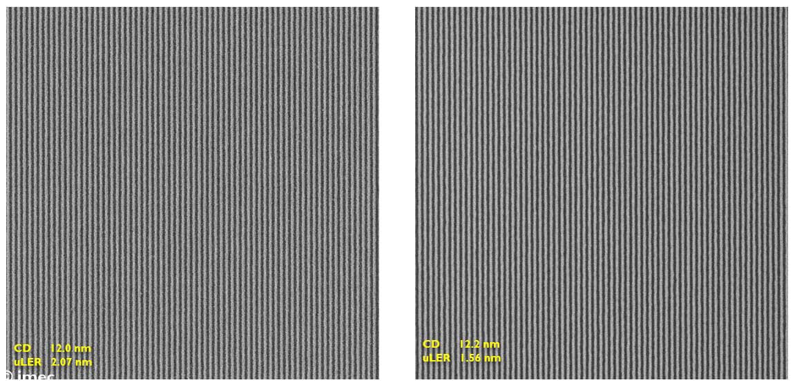 Figure%202%20-%2024nm%20pitch%20LS%20ADI%20and%20AEI Side-by-side microscope images of dense 24 nm pitch line patterns after developing and after etching.