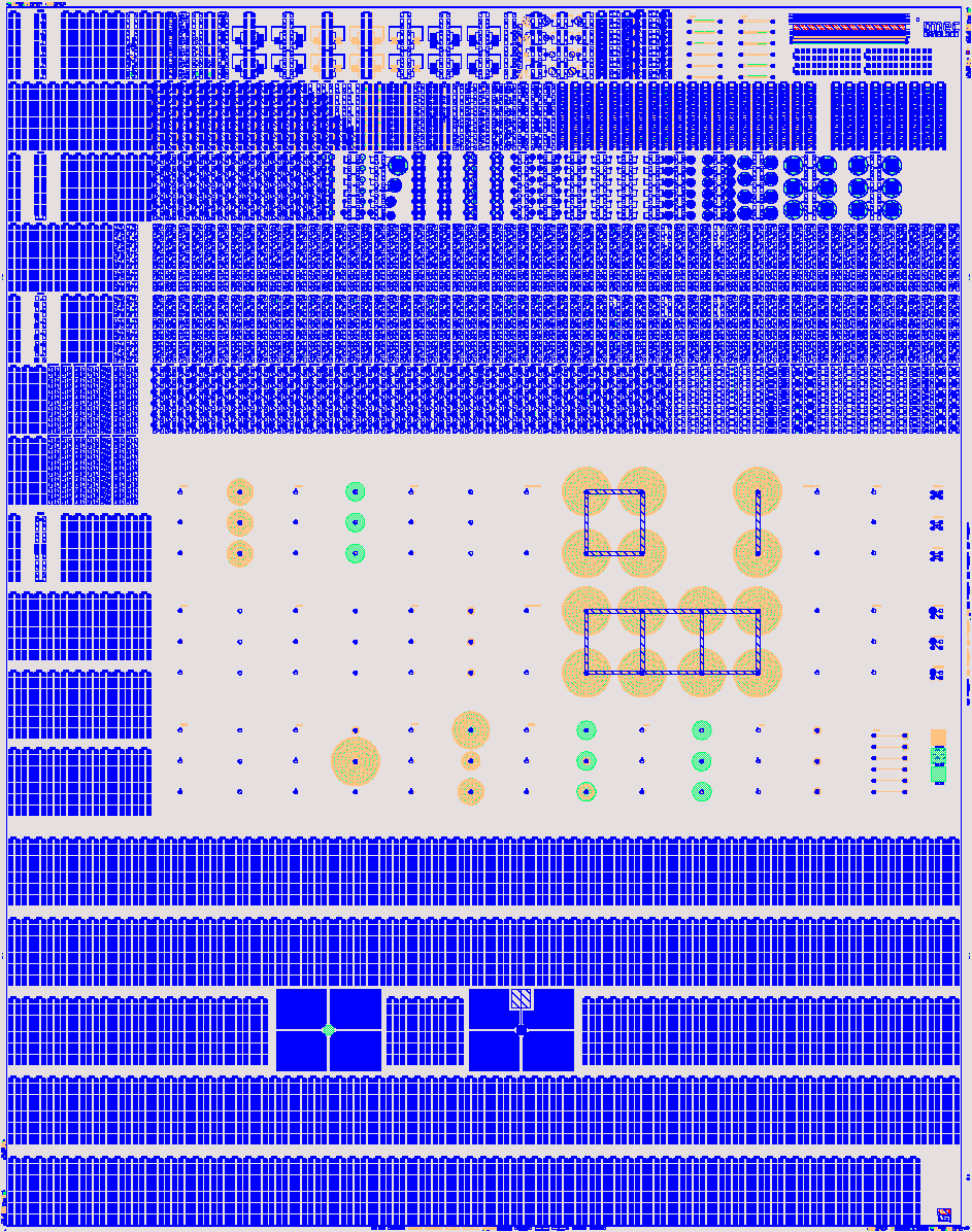 Figure%202%20-%20300mm%20GaN%20mask%20set Development mask set for GaN HEMTs on 300mm substrates, showing dense blue chip patterns and test structures