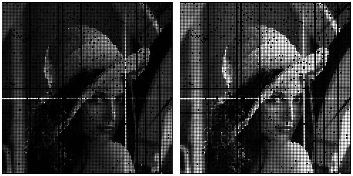 Figure%202%20-%20AMOLED%20display%20dimming Side-by-side grayscale display test images showing a woman’s face with different PWM dimming levels.