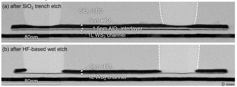 Figure%202%20-%20Selective%20etch%20process%20resulting%20in%20AlOx%20interlayer%20lateral%20removal Microscope cross-section showing selective etching of a monolayer WS2 channel in a transistor structure.