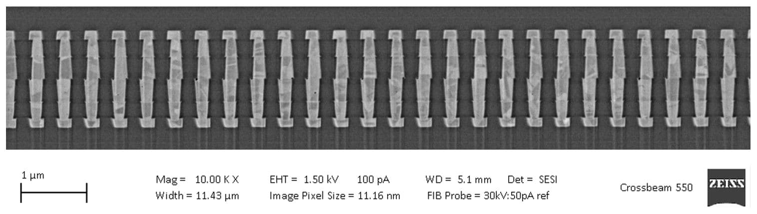 Figure%202%20-%20TEM%20-%20W2W%20bonding%20with%20400nm%20pitch TEM image of multiple copper pads connected at 400 nm pitch by hybrid wafer-to-wafer bonding