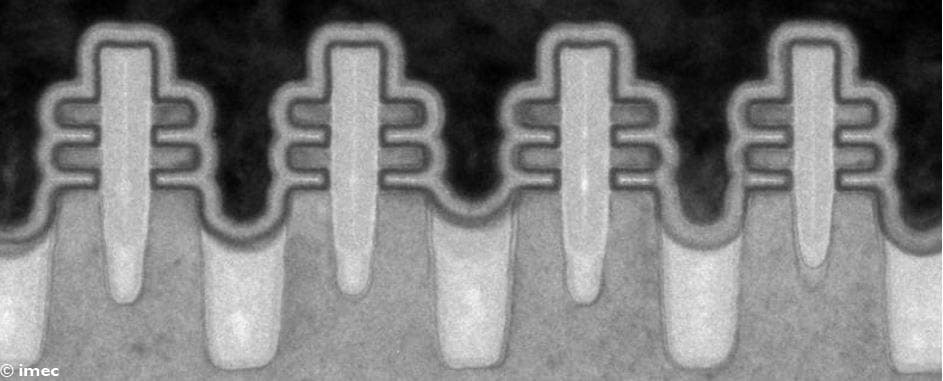 Figure%202%20-%20TEM%20inner-wall%20forksheets TEM image of inner wall forksheet transistor structures in a semiconductor device cross-section.