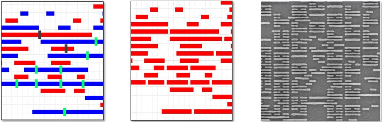 Figure%203%20-%20High%20NA%20EUVL%20reduces%20the%20need%20for%20multipatterning%20for%20metal%20LS Diagram comparing multi-patterned metal layouts with a High NA EUV single-mask layout and printed line patterns
