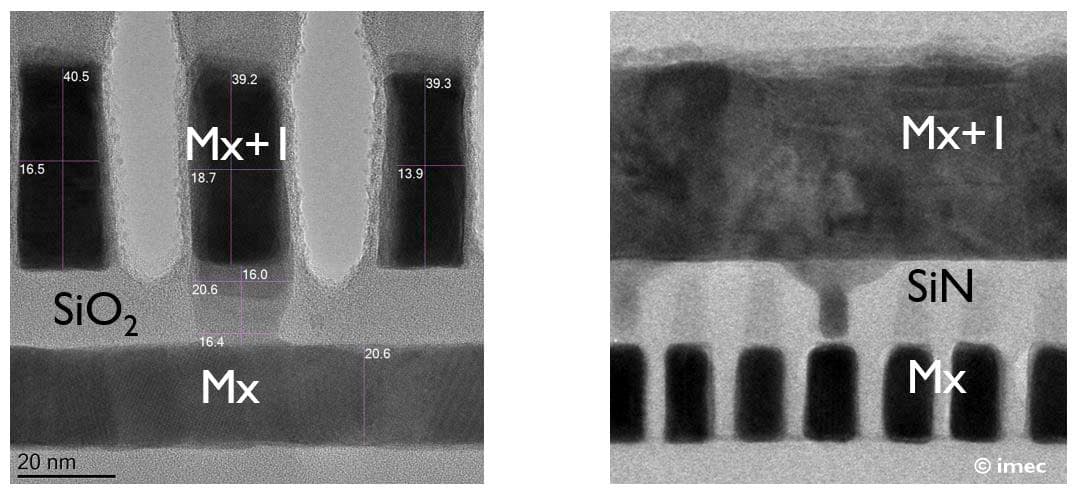 Figure%203%20-%20TEM%20semi-damascene Cross-sectional TEM images of semi-damascene interconnects with self-aligned vias landing on 18 nm-pitch metal lines.