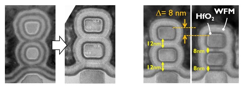 Figure%204%20-%20GAA%20-%20shape%20control%20and%20space%20reduction Microscope close-up of stacked GAA nanosheet transistor shapes with size and spacing measurements.
