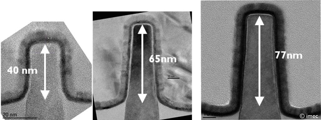 TEM cross-sections of high-k/metal-gate fin transistors Three TEM cross-sections of a high-k/metal-gate fin transistor, labeled 40 nm, 65 nm, and 77 nm tall.