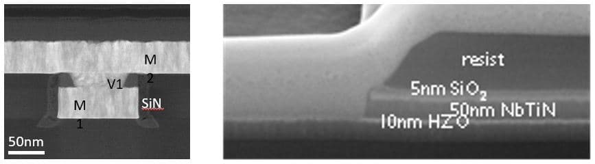 Figure%204a%20-%20Interconnects%20and%20capacitor TEM images of NbTiN interconnect lines and a capacitor cross-section with labeled layers