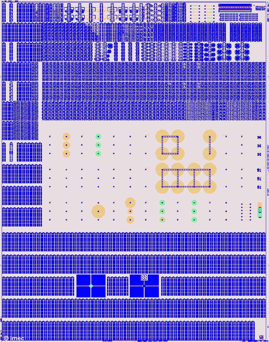 Mask layout for 300mm GaN-on-Si wafer Mask layout for a 300mm GaN-on-Si wafer, showing dense blue chip patterns and test structures