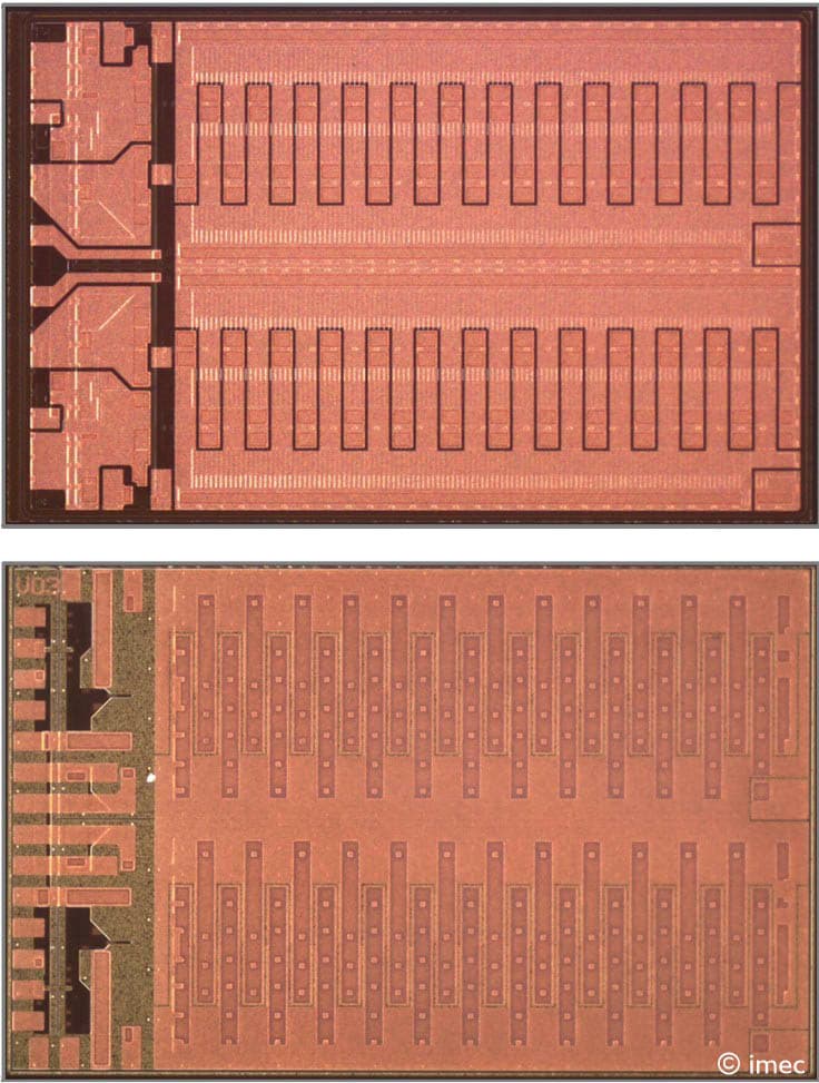 Figure%206%20-%20Monolithic%20GaN%20ICs%20for%20650V%20and%20100V Microscope view of two GaN power electronics chips with repeating transistor structures.