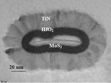 TEM cross-section of MoS2 nanosheet FET TEM cross-section of a monolayer MoS2 nanosheet FET with wrapped high-k gate metal