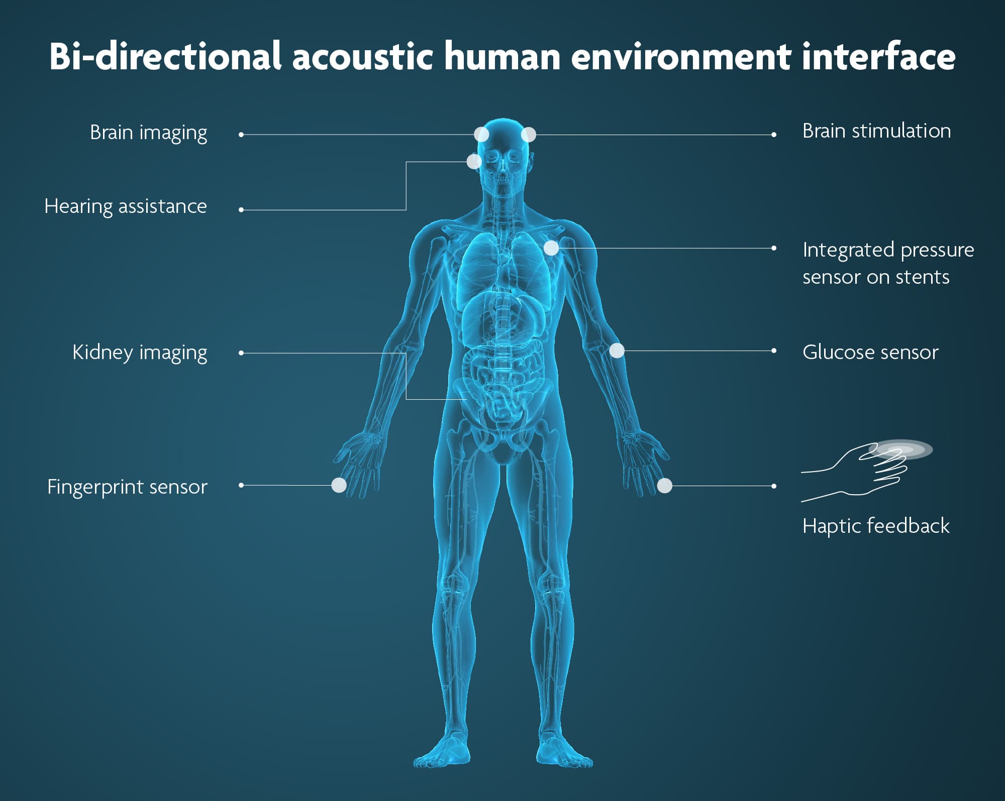 Figure%206%20-%20Ultrasound%20potential%20applications_FINAL Medische infographic met toepassingen van echografie rond een illustratie van het menselijk lichaam, waaronder haptische feedback en hersenbeeldvorming.