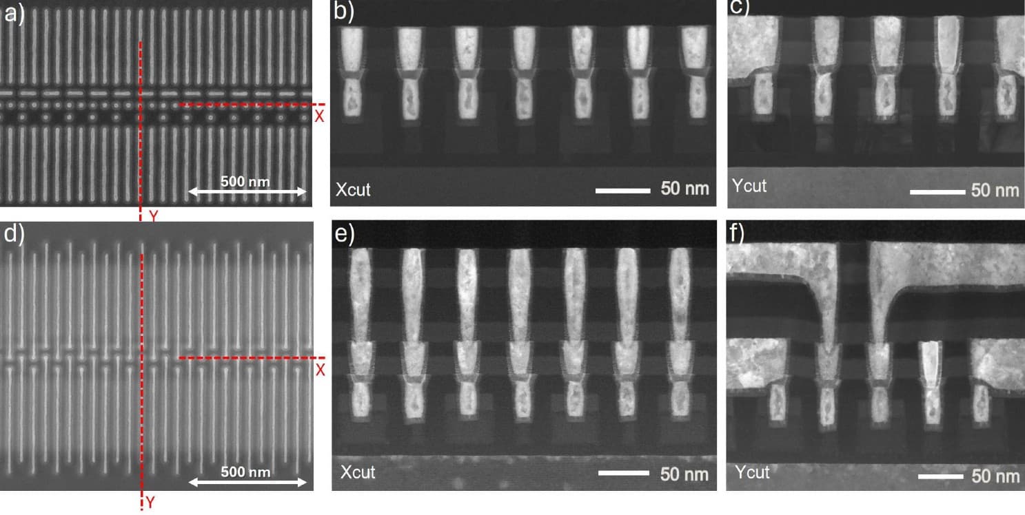 Figure%208%20-%20Trilinear%20array%20with%20M1%20and%20M2 Scanning electron micrographs of a trilinear quantum dot array with Xcut and Ycut views at 50 nm scale.
