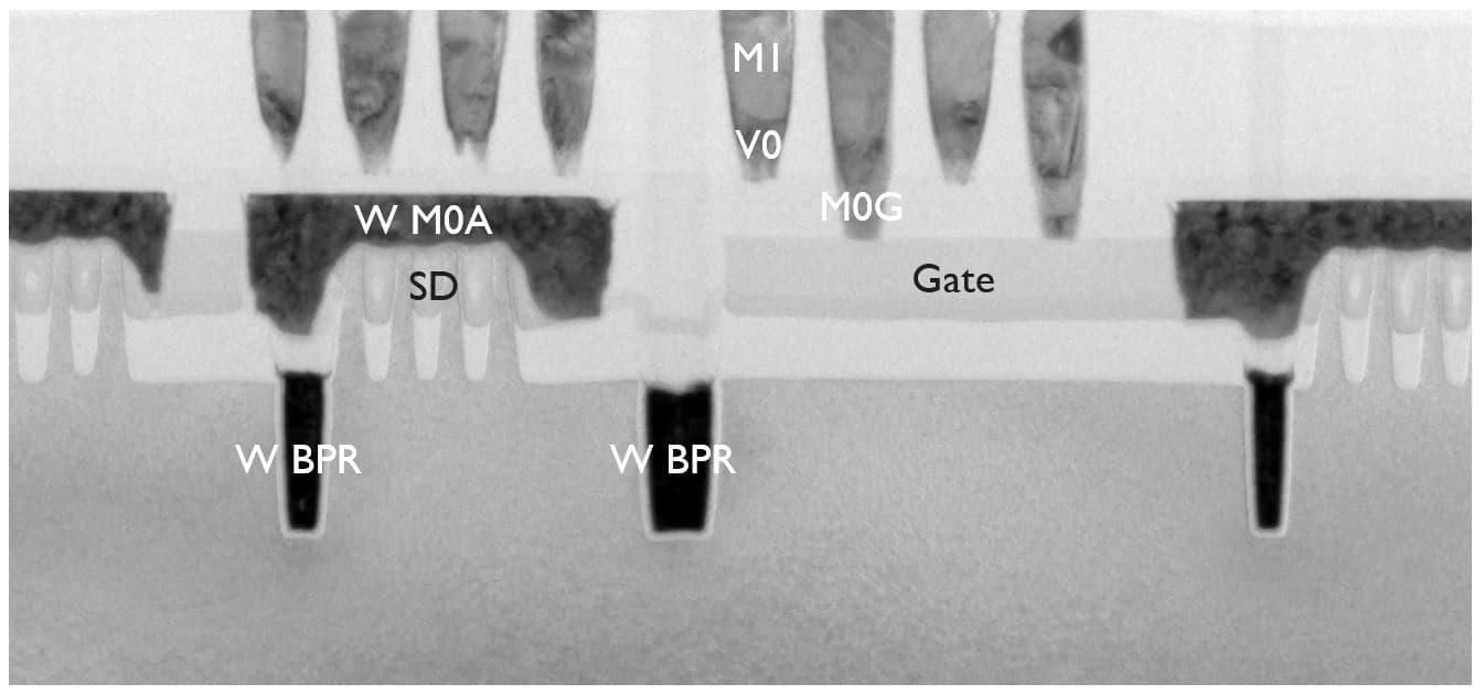 Figure%209%20-%20TEM%20showing%20integrated%20W-BPR%20lines%20wiht%20Si%20FinFET TEM cross-section of a Si FinFET with W BPR lines, gate, and source-drain contacts