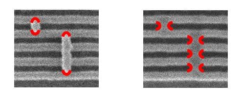 SEM images of patterned metal trenches with measurement markings Side-by-side SEM views of patterned metal trenches showing red-marked block length and tip-to-tip width