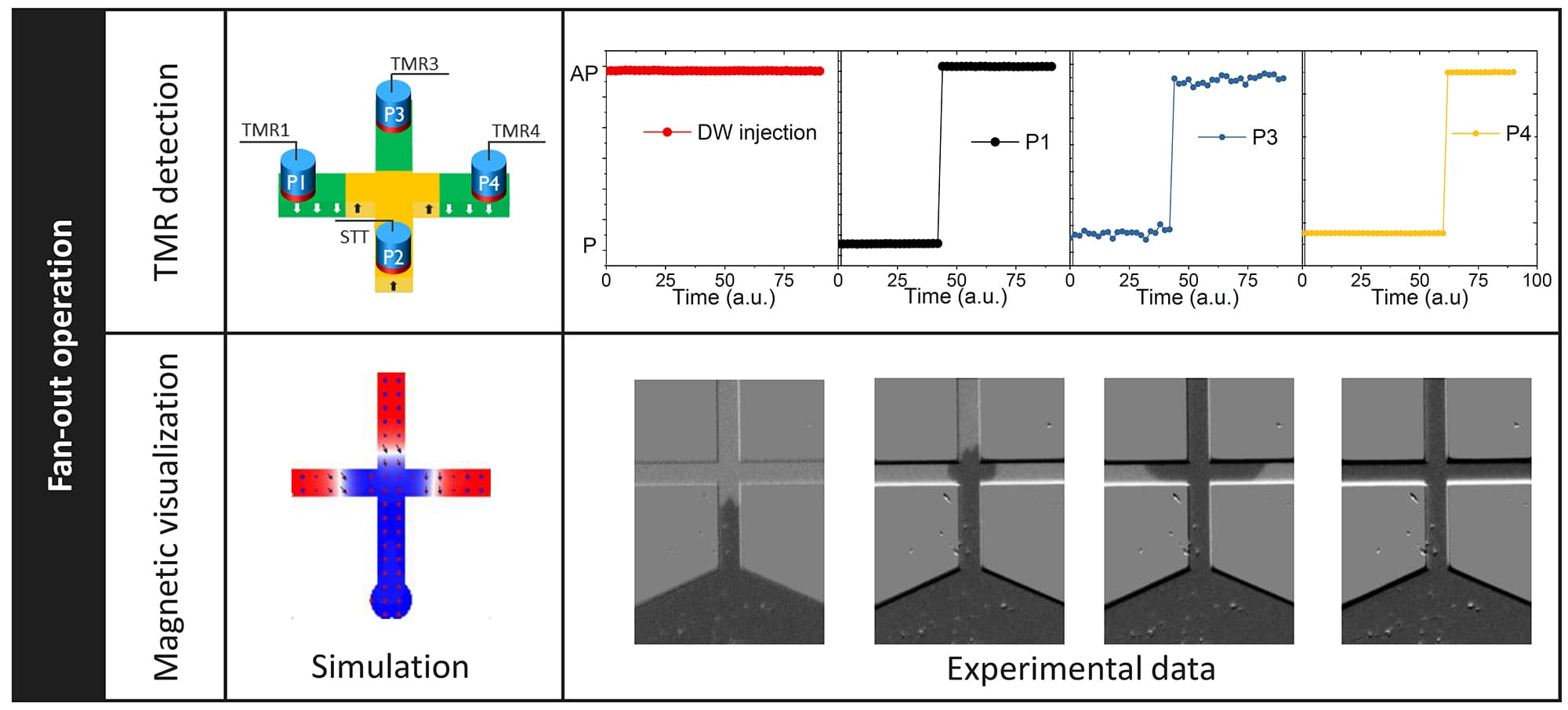 Figure-3---Fan-out-operation Diagram and experimental images of a cross-shaped nanoscale magnetic device showing domain wall fan-out operation and TMR readout.