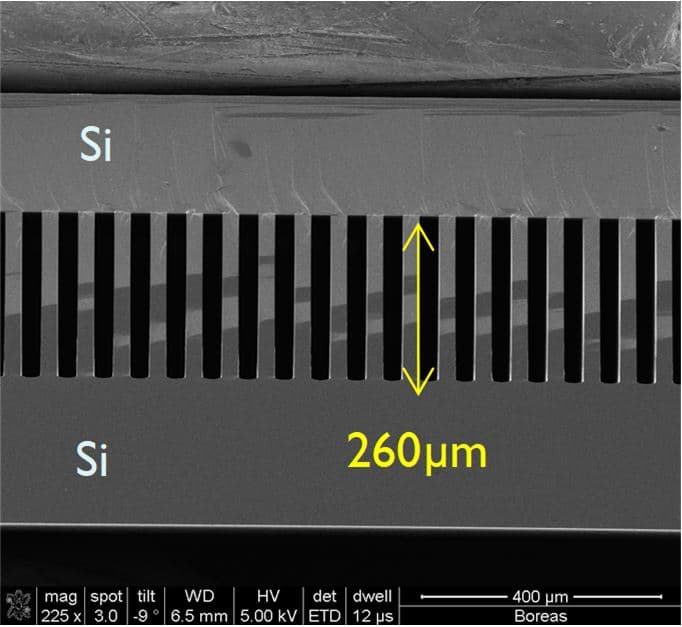Figure_3_-_SEM_of_microchannels_0 Scanning electron micrograph of silicon microchannels labeled 260 μm wide.