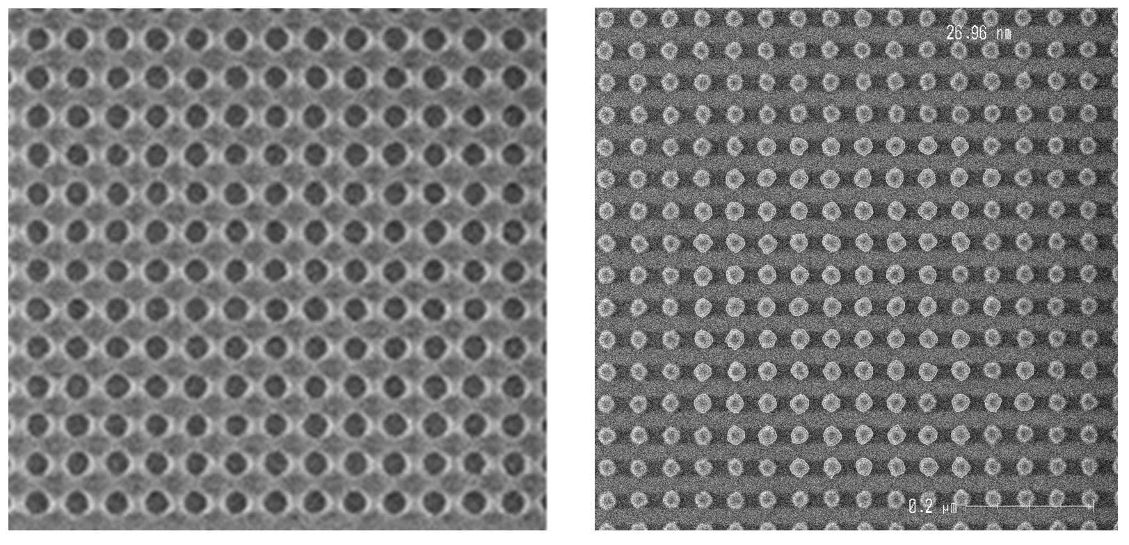 Microscopy images of circular holes and tone reversed pillars Side-by-side microscopy images showing circular holes on the left and pillars after tone reversal on the right.
