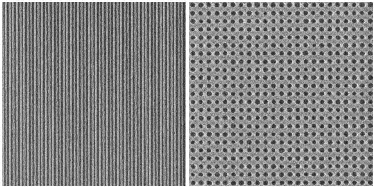 Figure_5_-_line-space_and_contact_hole_patterning_0 Microscope image of dense EUV-patterned line arrays and contact hole patterns on a semiconductor wafer