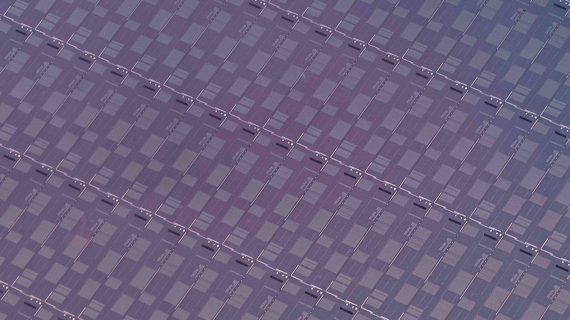Figure-6-300mm-InP-on-Si-with-NRE Close-up of a 300 mm silicon wafer with repeated InP device dies