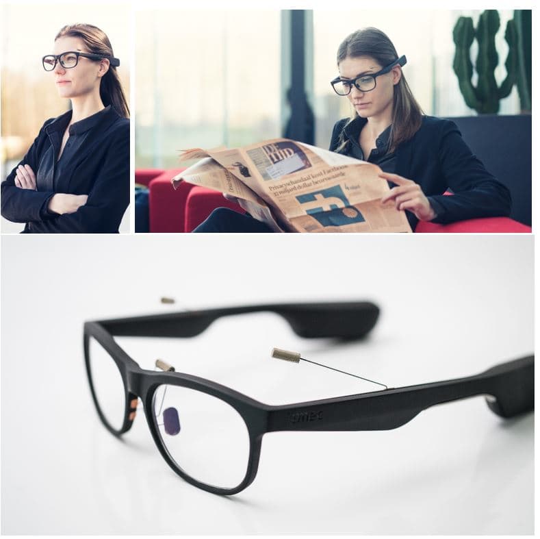 Prototype smart glasses with electrodes for eye movement detection Prototype smart glasses with integrated electrodes for detecting eye movements