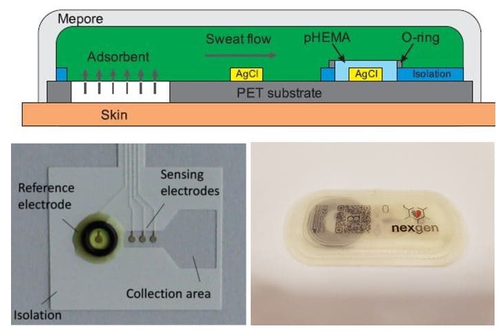 Figure4_0 Diagram and prototype of a sweat patch with AgCl sensing electrodes and a reference electrode on a flexible plaster