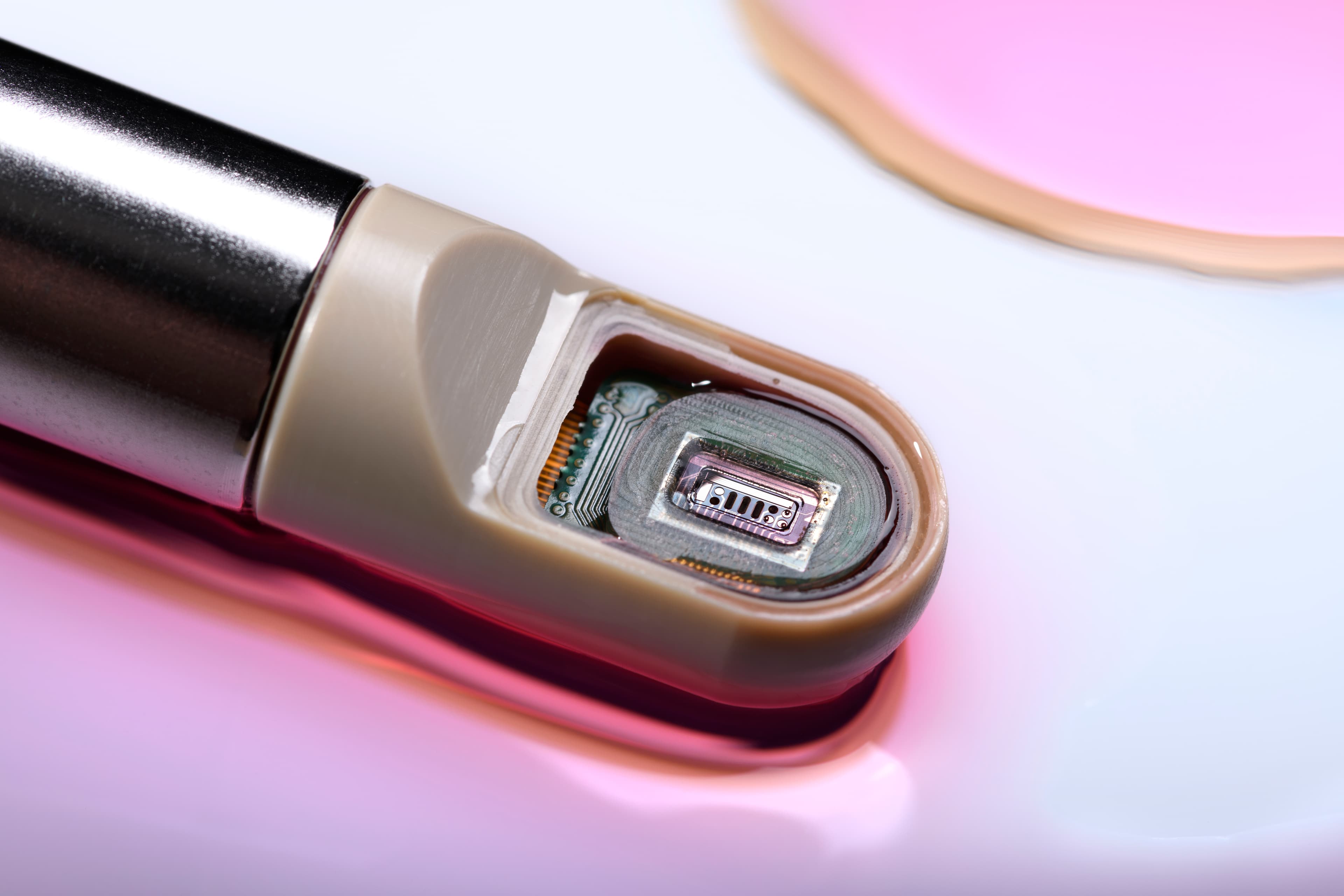 Close-up of miniaturized sensor probe with exposed chip Close-up of a miniaturized sensor probe with an exposed chip at the tip