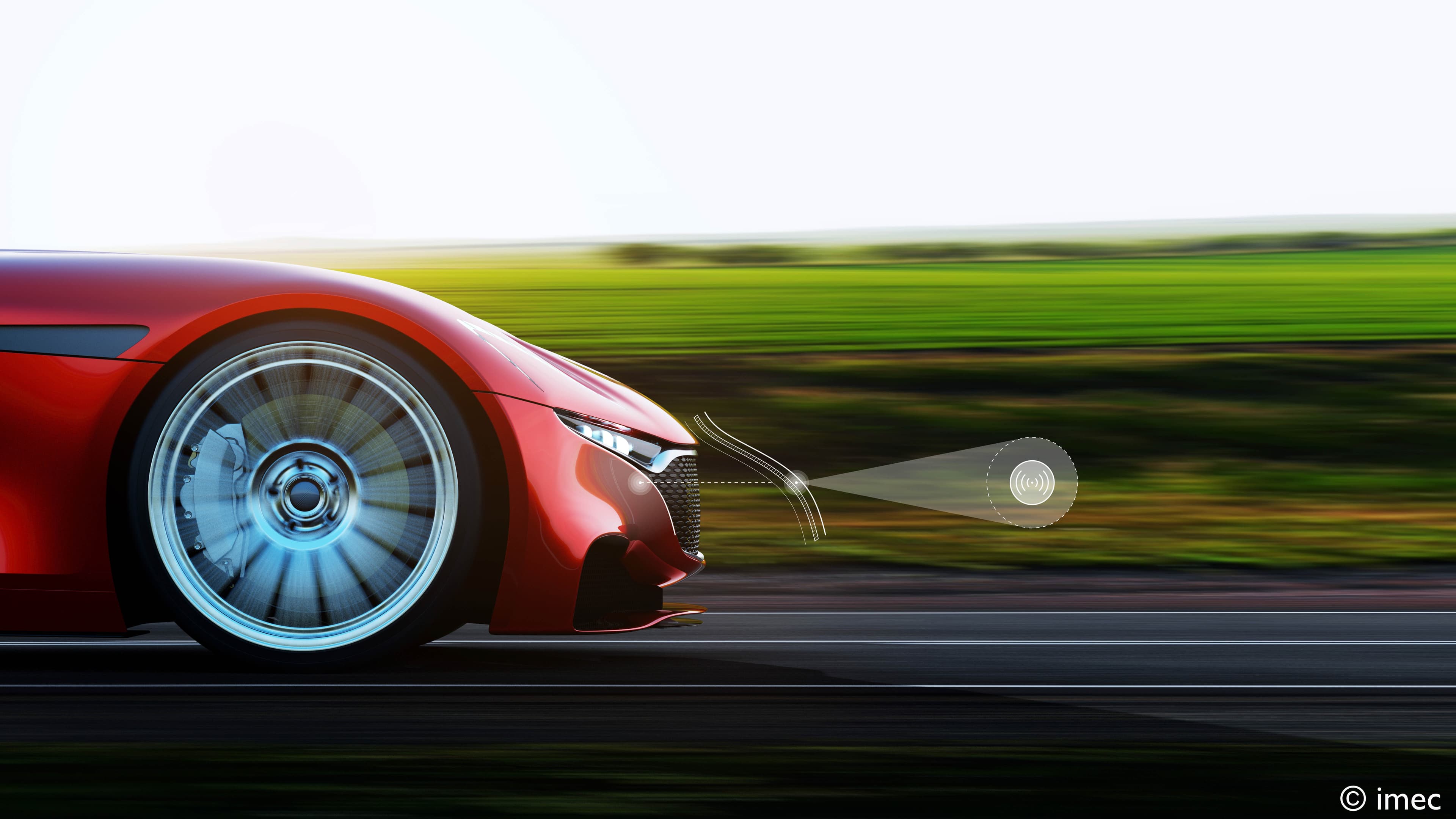 Figuur%207_Structurele%20elektronica Rode auto met zichtbare frontale radarsensor die de weg vooruit scant