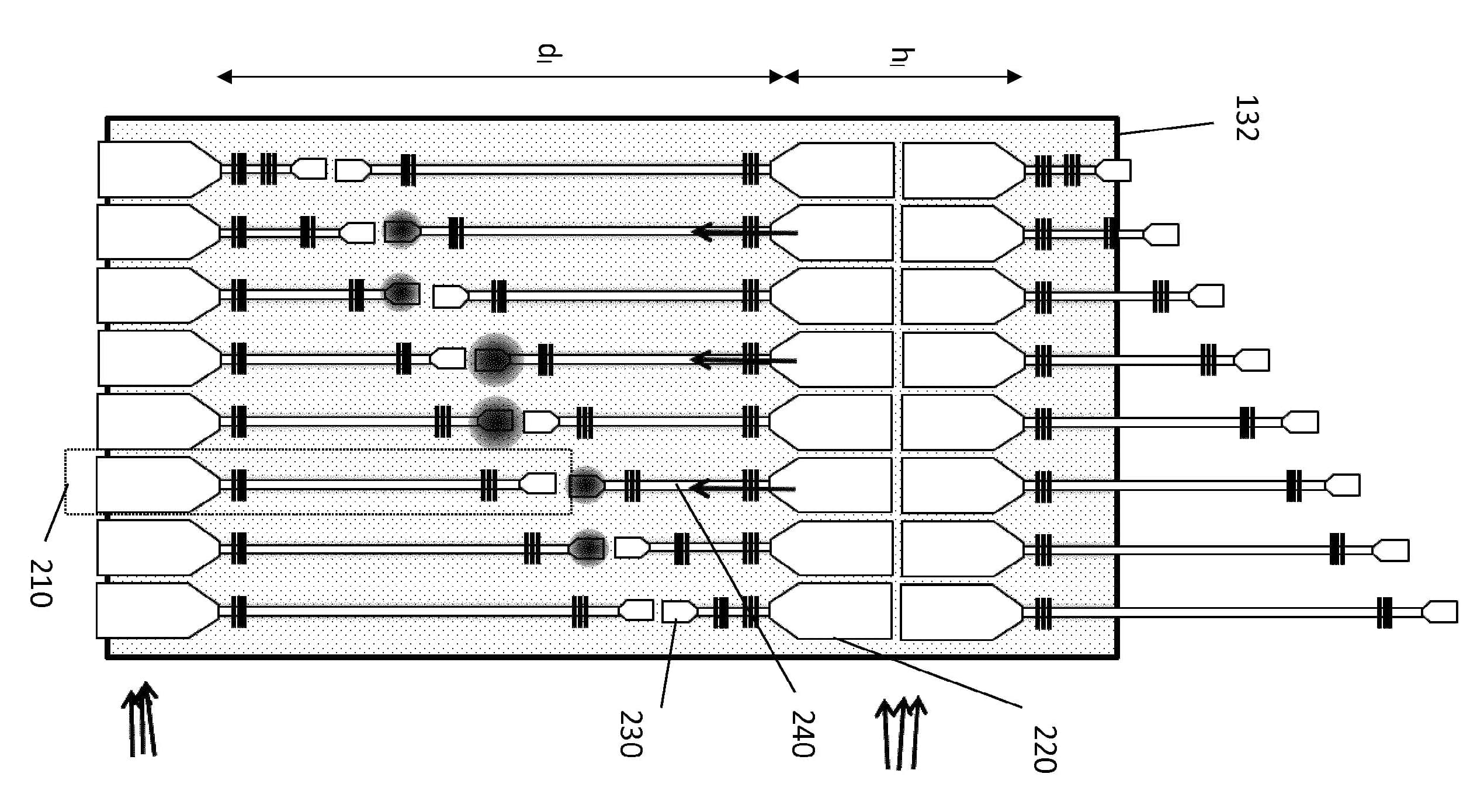 figuur_raman_crop0_0 Diagram of a Raman spectrometer on a chip with multiple waveguide channels and measurement points.