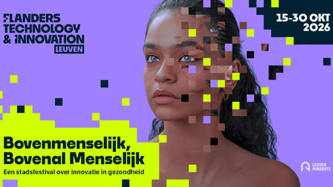 FIT-Leuven-2026 Poster met het gezicht van een vrouw in paarse en limoenkleurige pixelblokken, met het opschrift Flanders Technology & Innovation Leuven.