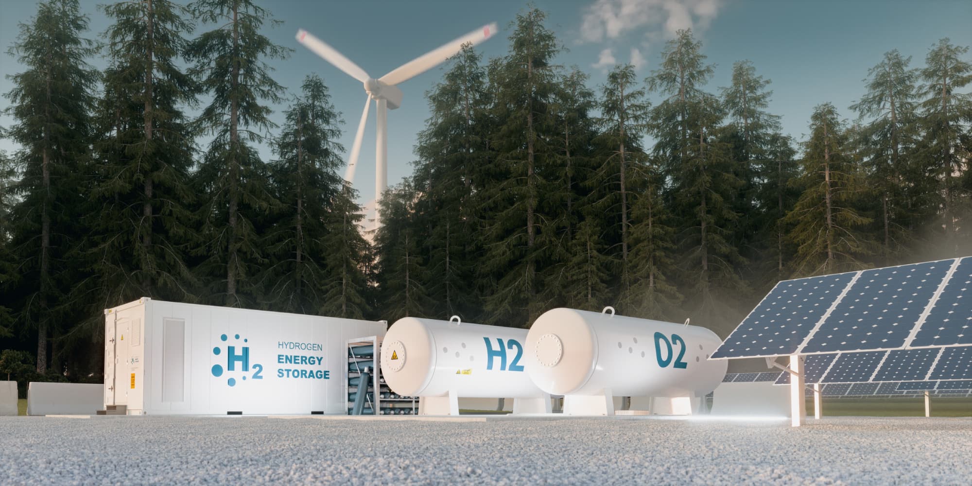 Flemish-expertise-centres-join-forces-with-industry-to-push-green-hydrogen-production-forward- Hydrogen energy storage containers beside solar panels and a wind turbine in a forest clearing