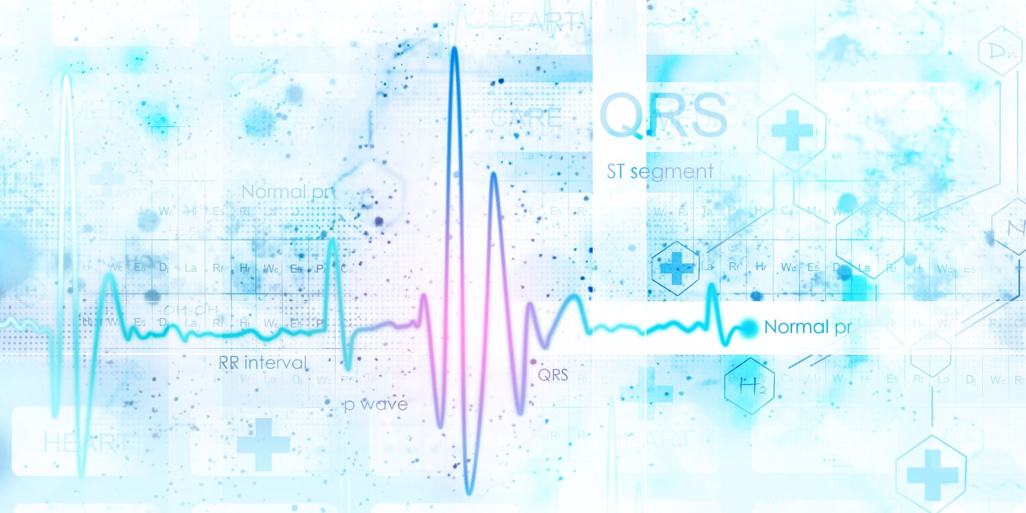 For-a-small-company-with-a-pioneering-product Abstract medical technology graphic with ECG heartbeat line, chemistry symbols and blue cross icons