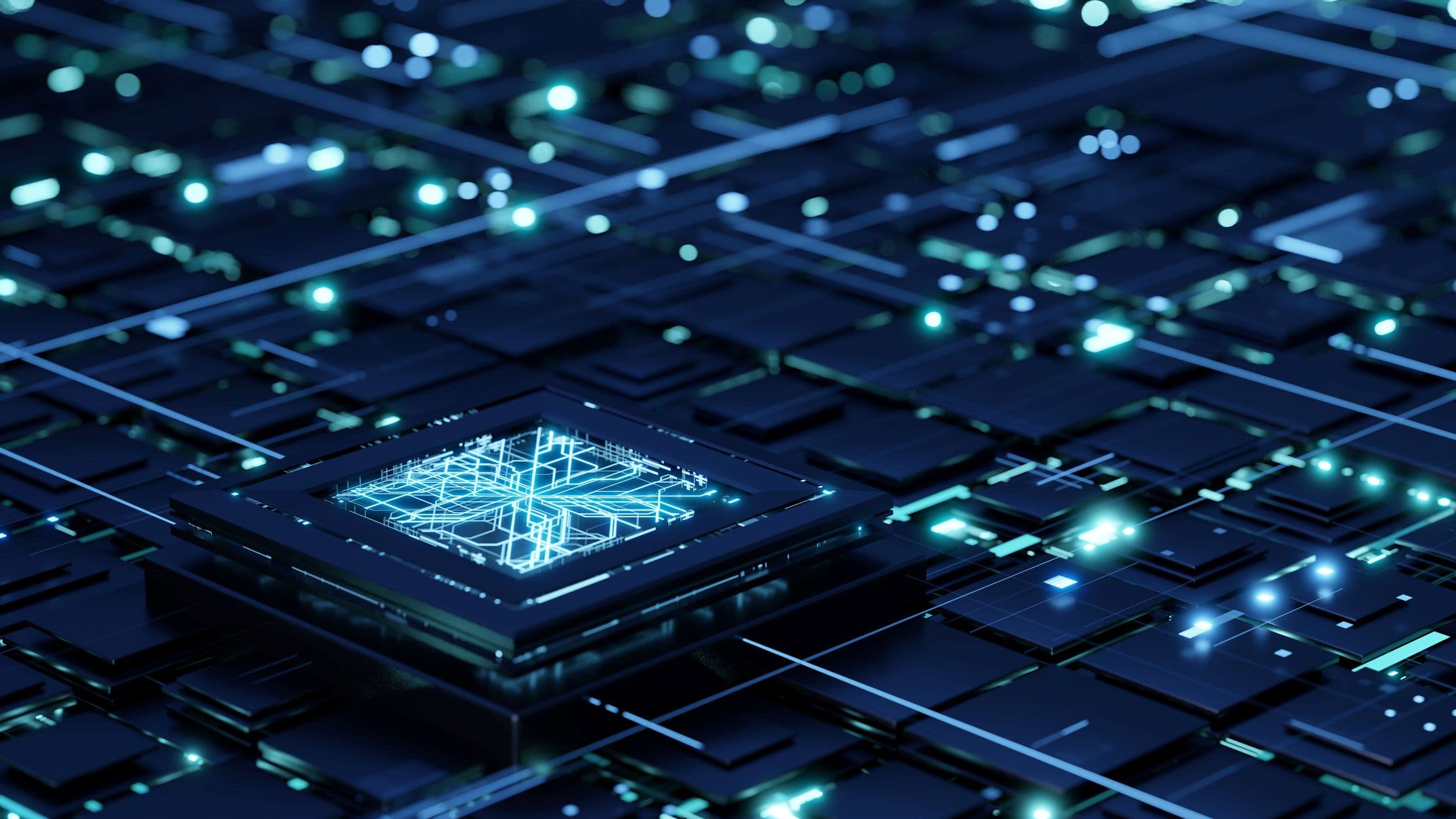 Secure chip glowing on circuit board Glowing secure chip illustration on a dark circuit board