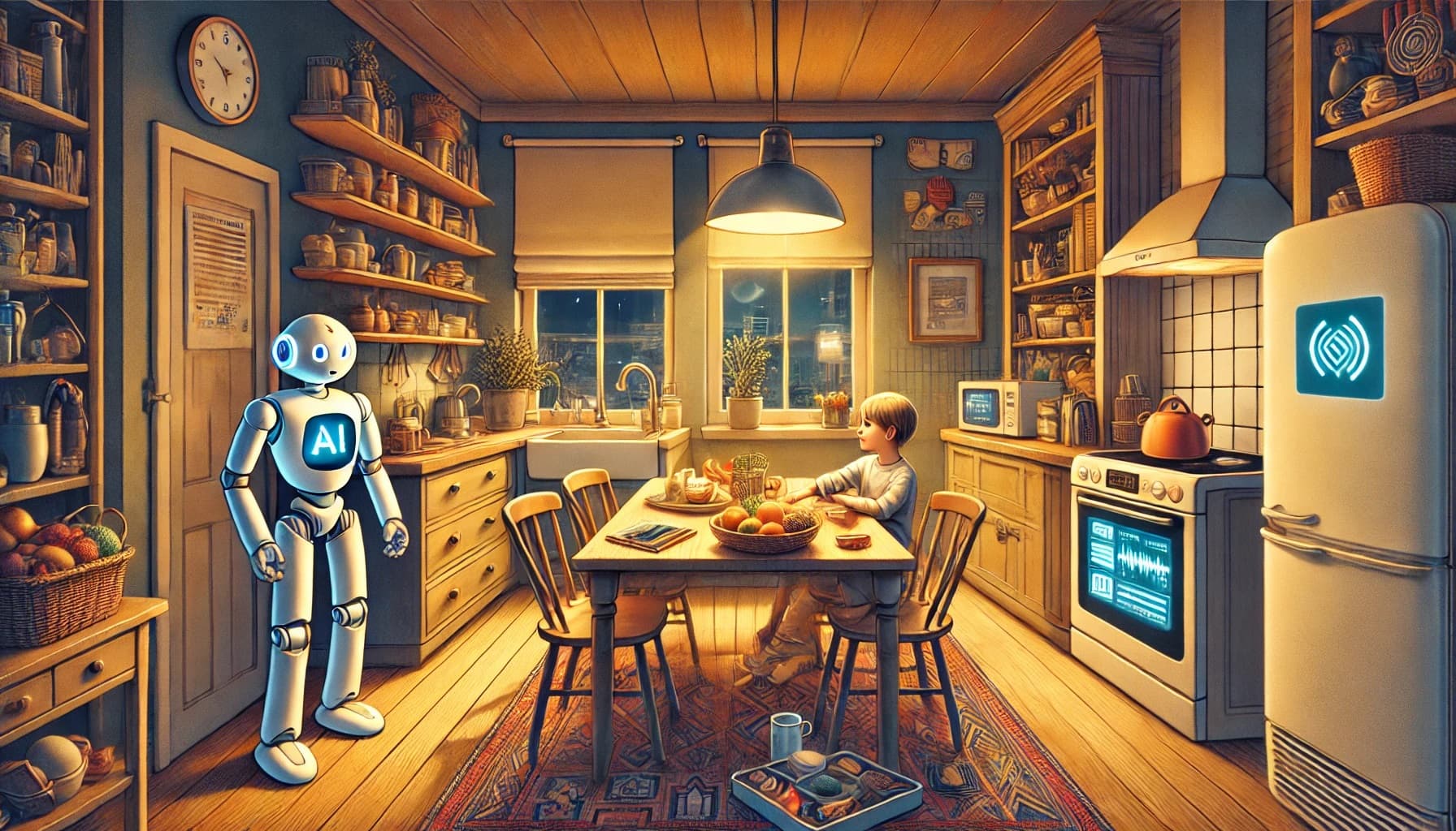 Foto-digimeter Robot met een AI-scherm staat in een gezellige keuken terwijl een kind aan tafel zit