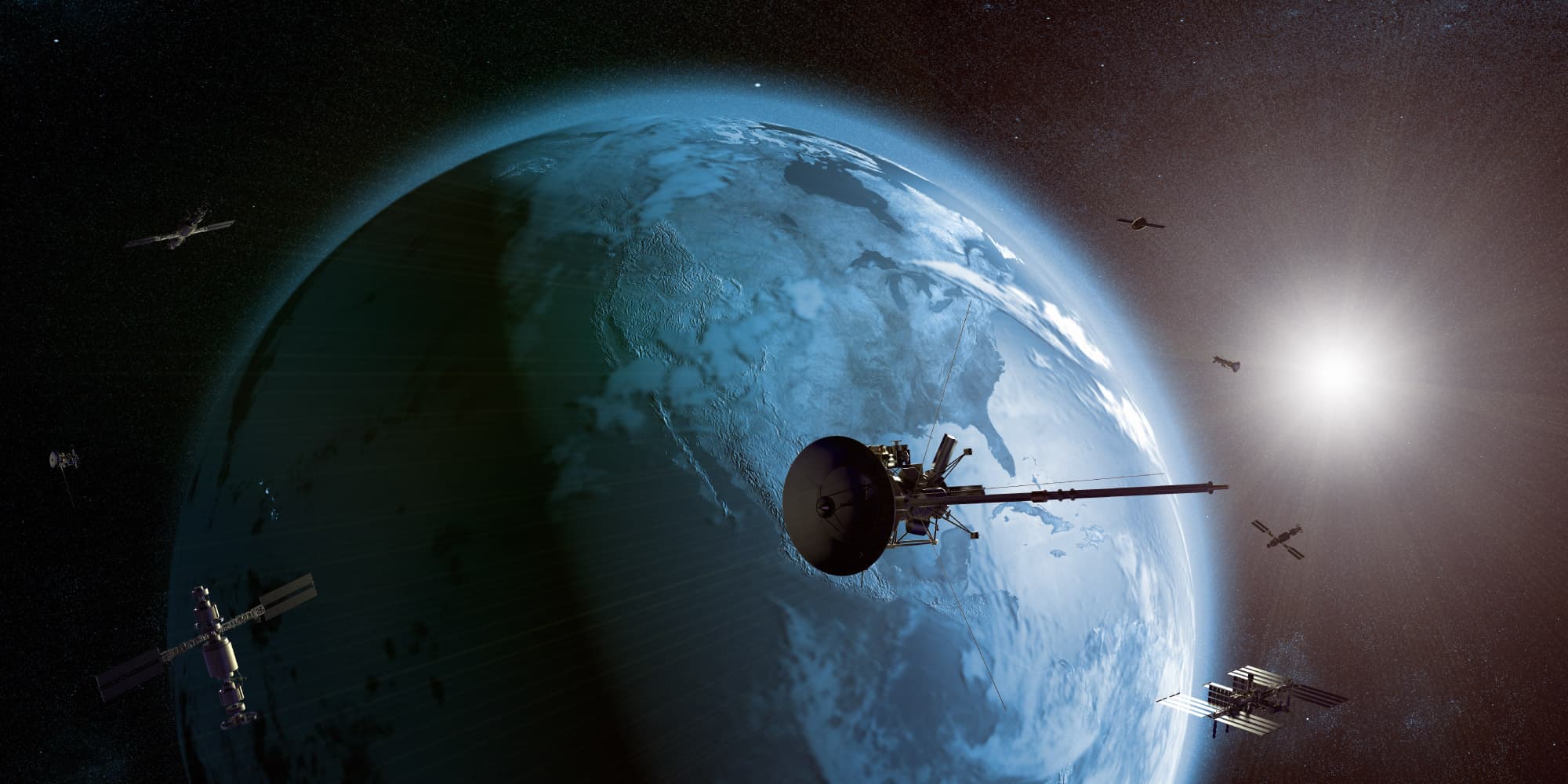 Free-space-optical-transceiver-technology Satellites orbiting Earth with a spacecraft dish antenna in the foreground and sunlight on the horizon